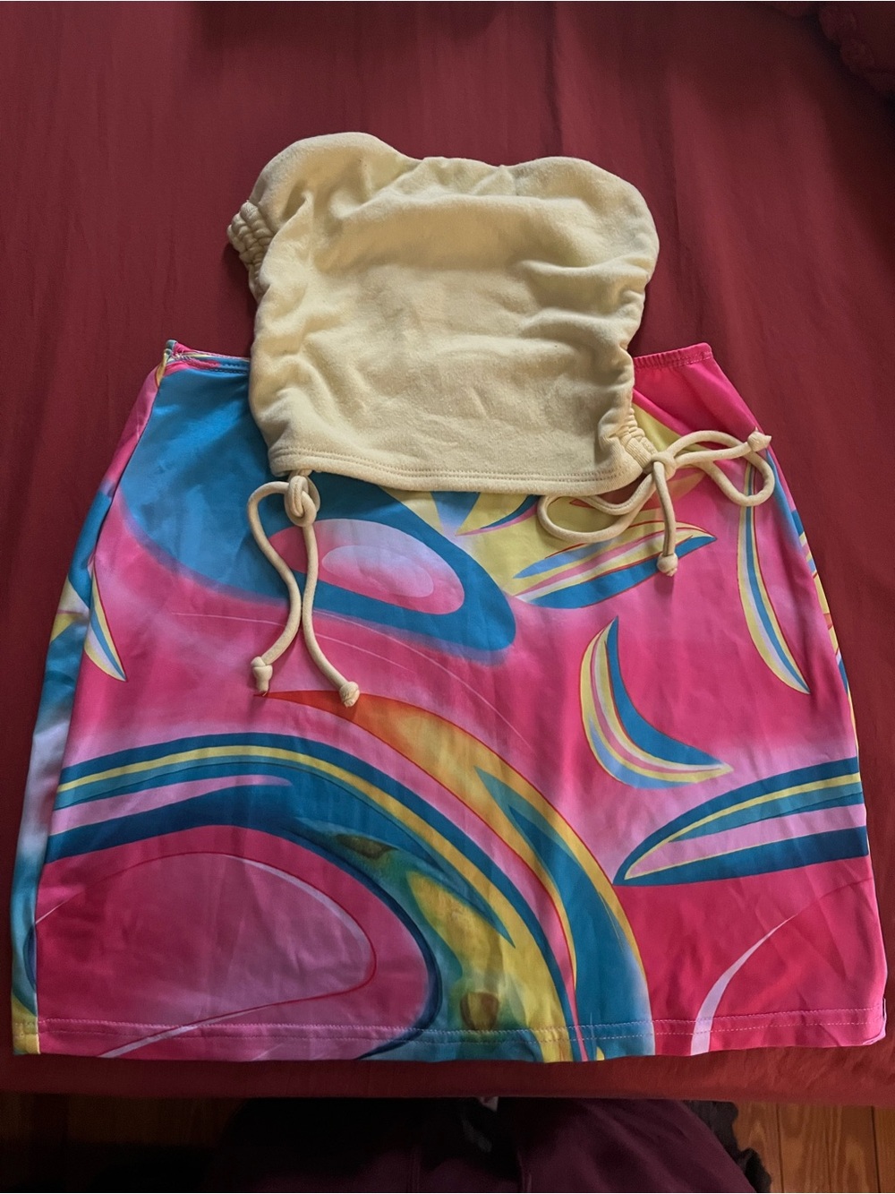 Yellow Crop Top with Pink & Blue Swirl Mini Skirt Set